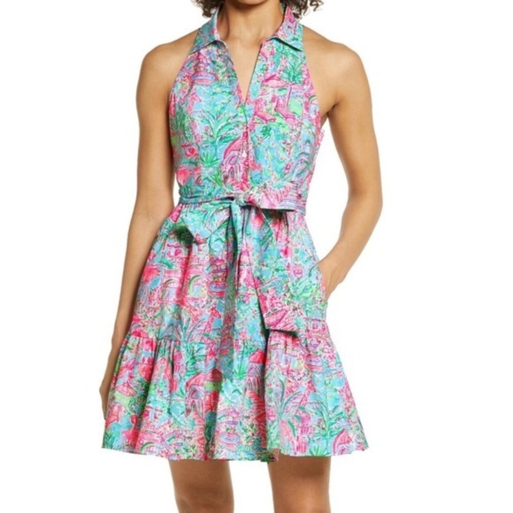 Lilly Pulitzer Pink Blue Tropical Palm Beach Halter Tiered Mini‎ Dress Sash Belt